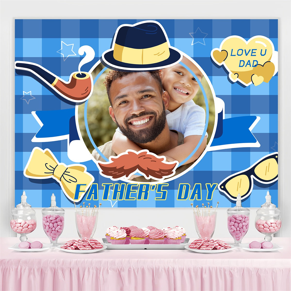 Father's Day Photo Backdrop Ideas Blue Plaid Hat Personalised Backdrop LXX4-86