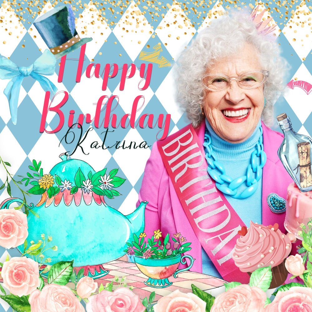 Customized Birthday Backdrop Tea Party Floral Personalised Backdrop LXX5-131