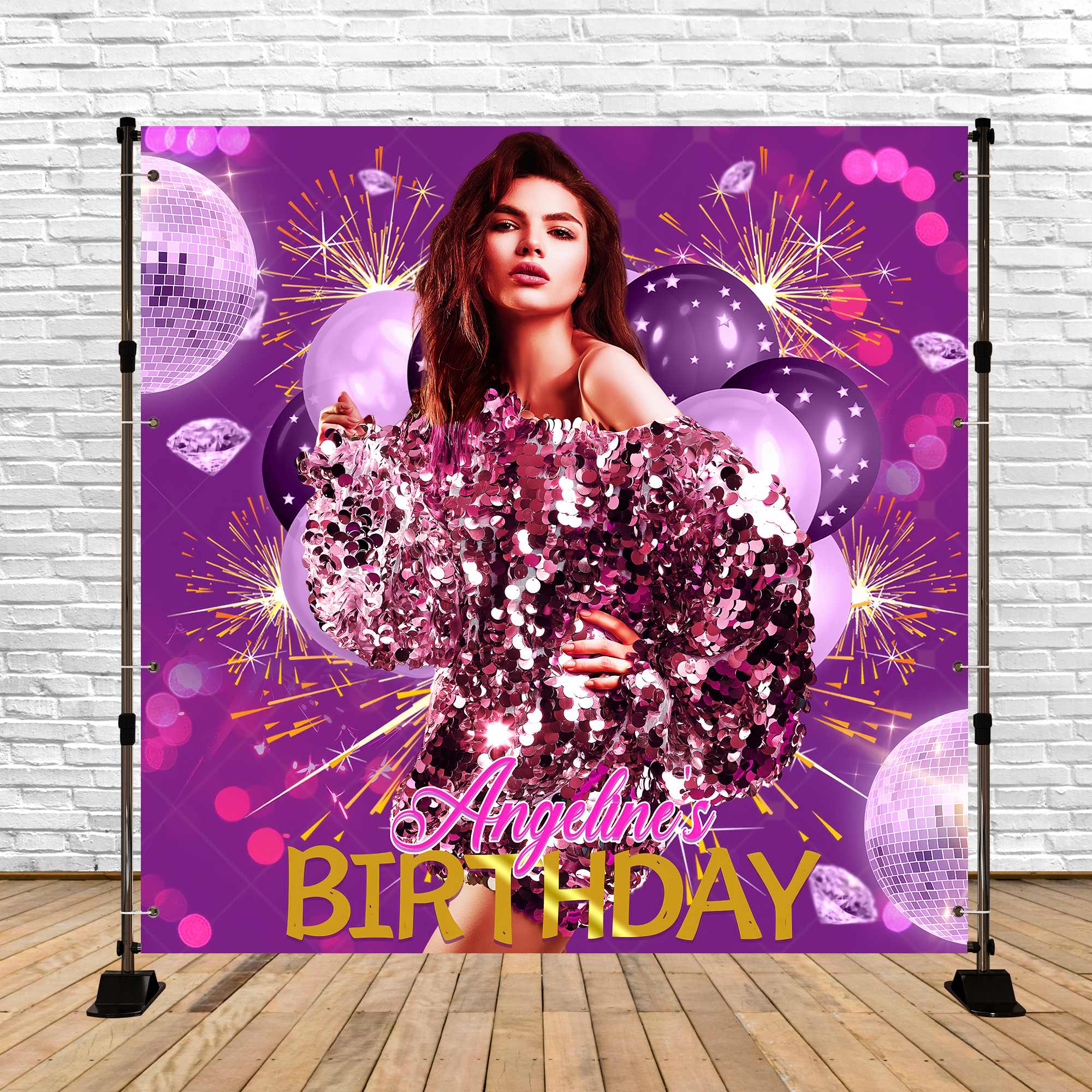 Personalized Birthday Backdrops Disco Ballloon Purple Backdrop LXX5-137