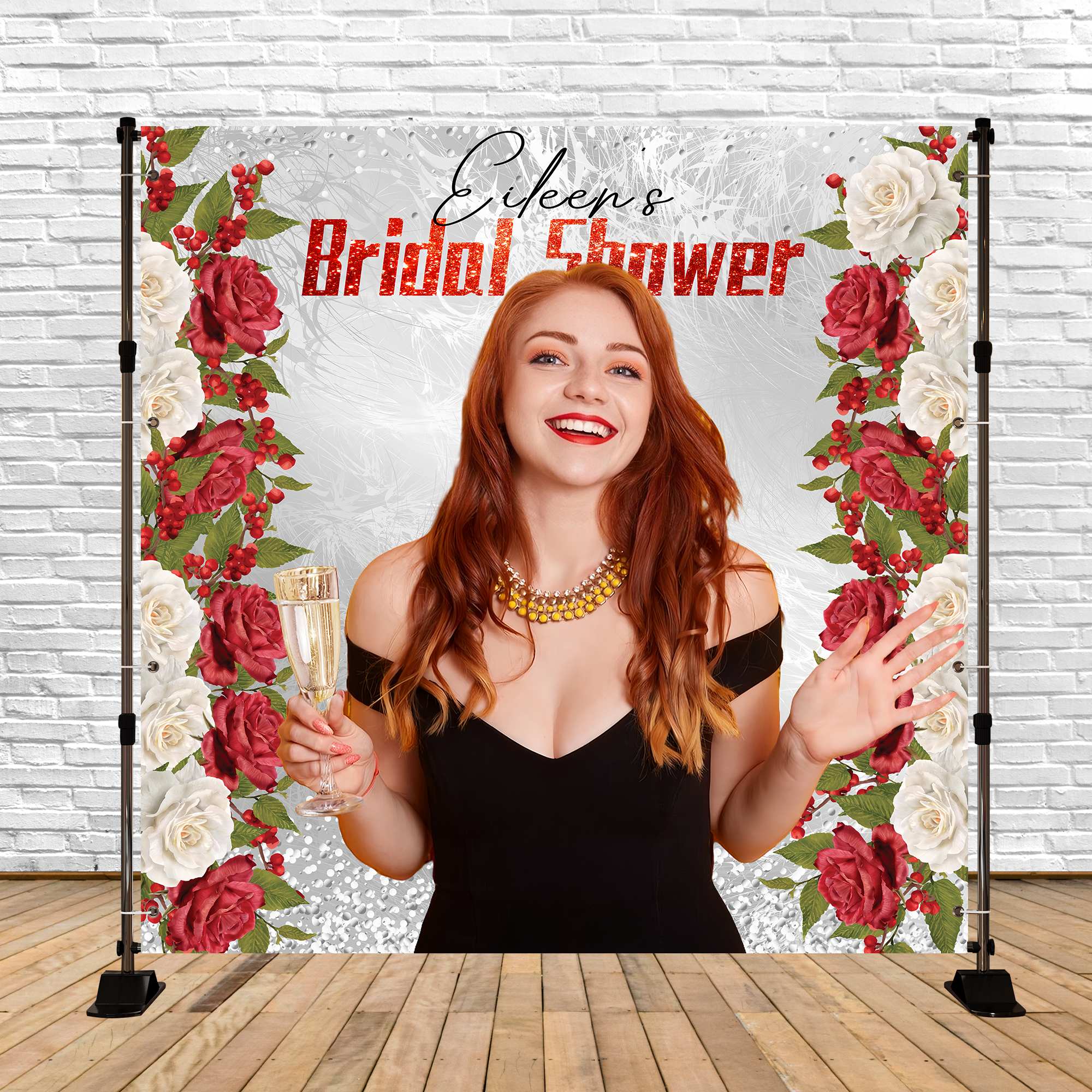 Bridal Shower Backdrop Champagne Red Rose Custom Backdrop LXX5-200