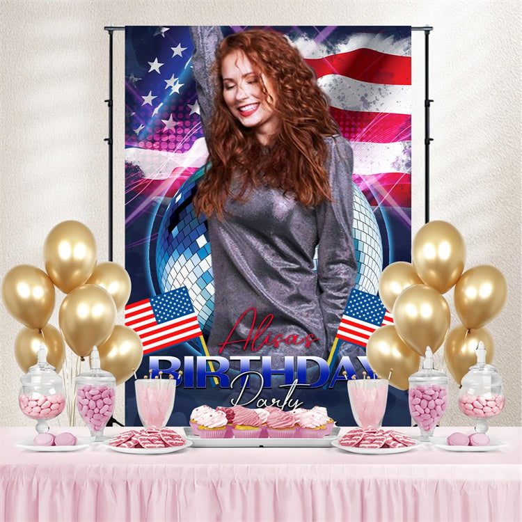 4th of July Backdrop Disco Ball Flag Customized Birthday Backdrop LXX5-48