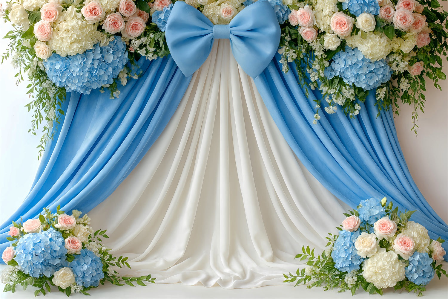 Large Bow Backdrop Blue Floral Draped Elegance Flower Backdrop LXX510-153