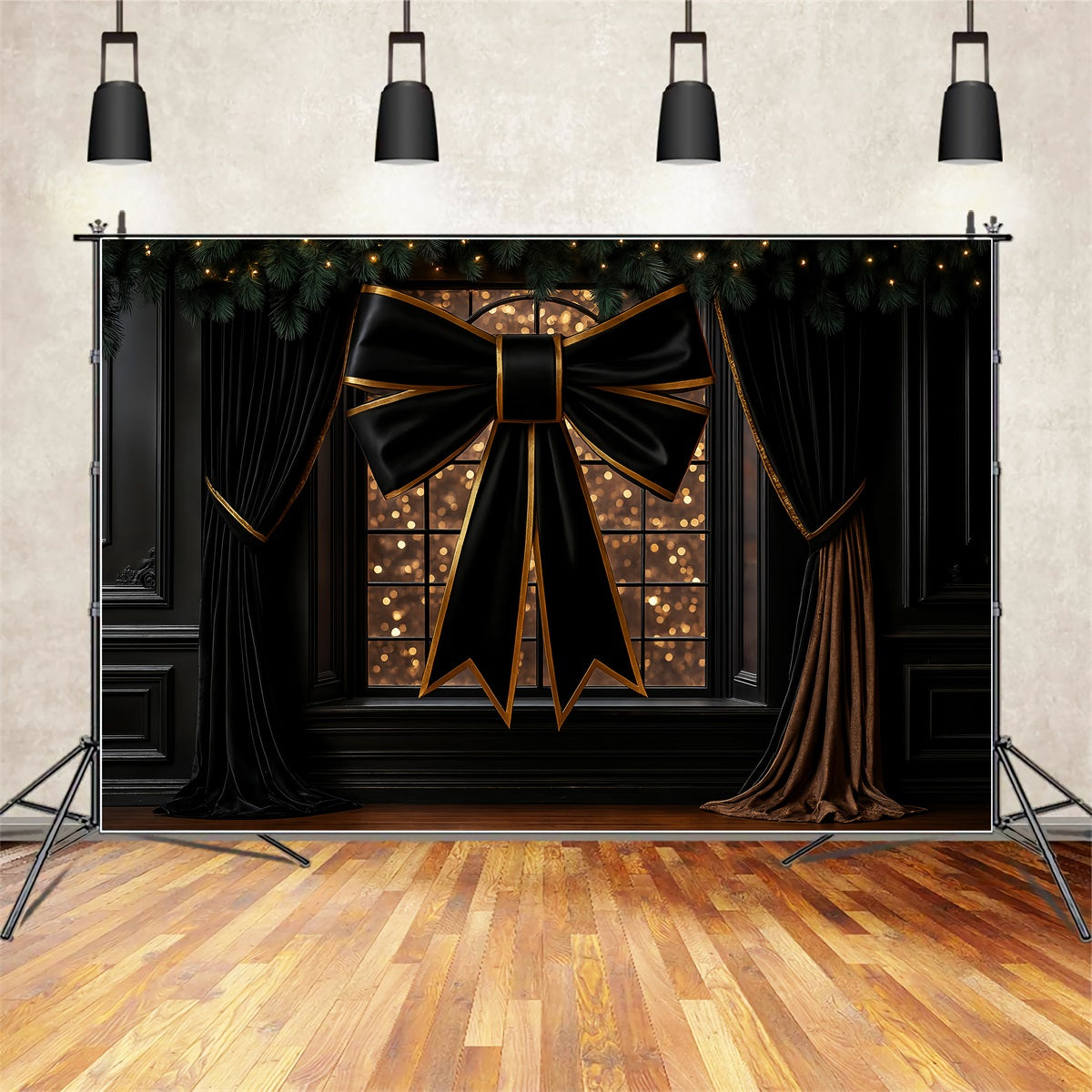 Large Bow Backdrop Elegant Black Gold Window Christmas Photo Backdrop LXX510-156