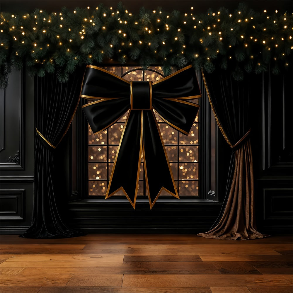 Large Bow Backdrop Elegant Black Gold Window Christmas Photo Backdrop LXX510-156