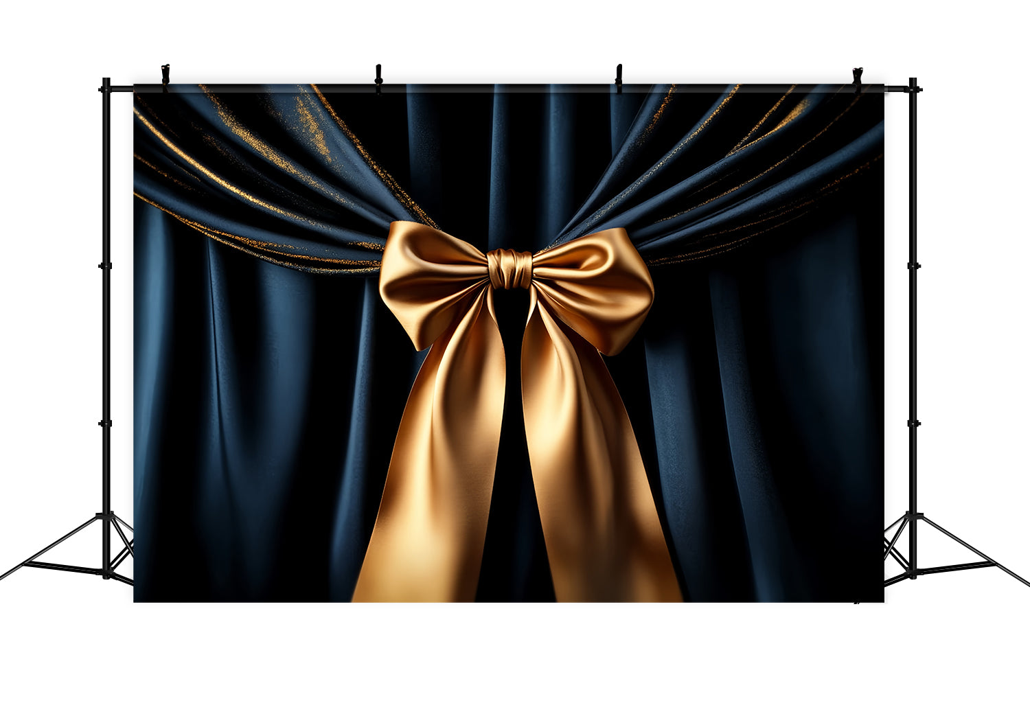 Large Bow Backdrop Navy Drapes Golden Accent Holiday Backdrop LXX510-158