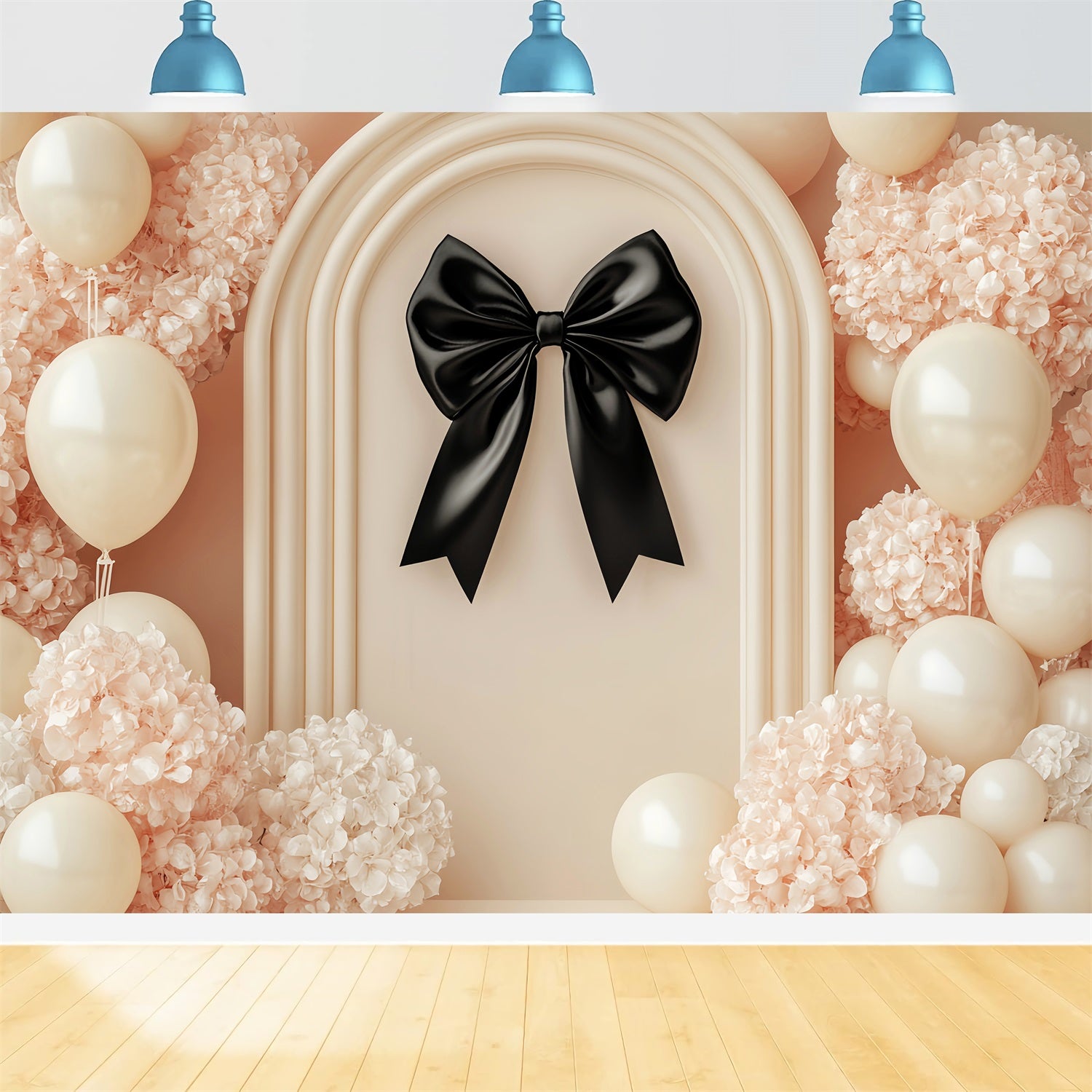 Black Bow Backdrop Cream Balloons Black Ribbon Flower Backdrop LXX510-165
