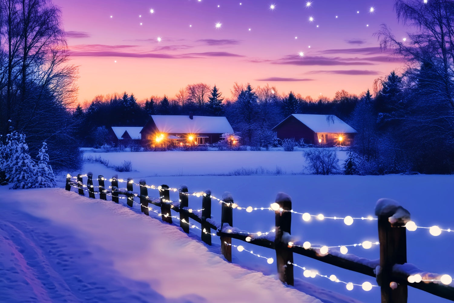 Winter Wonderland Backdrop Twilight Cottage Star Glow Winter Backdrops LXX510-88