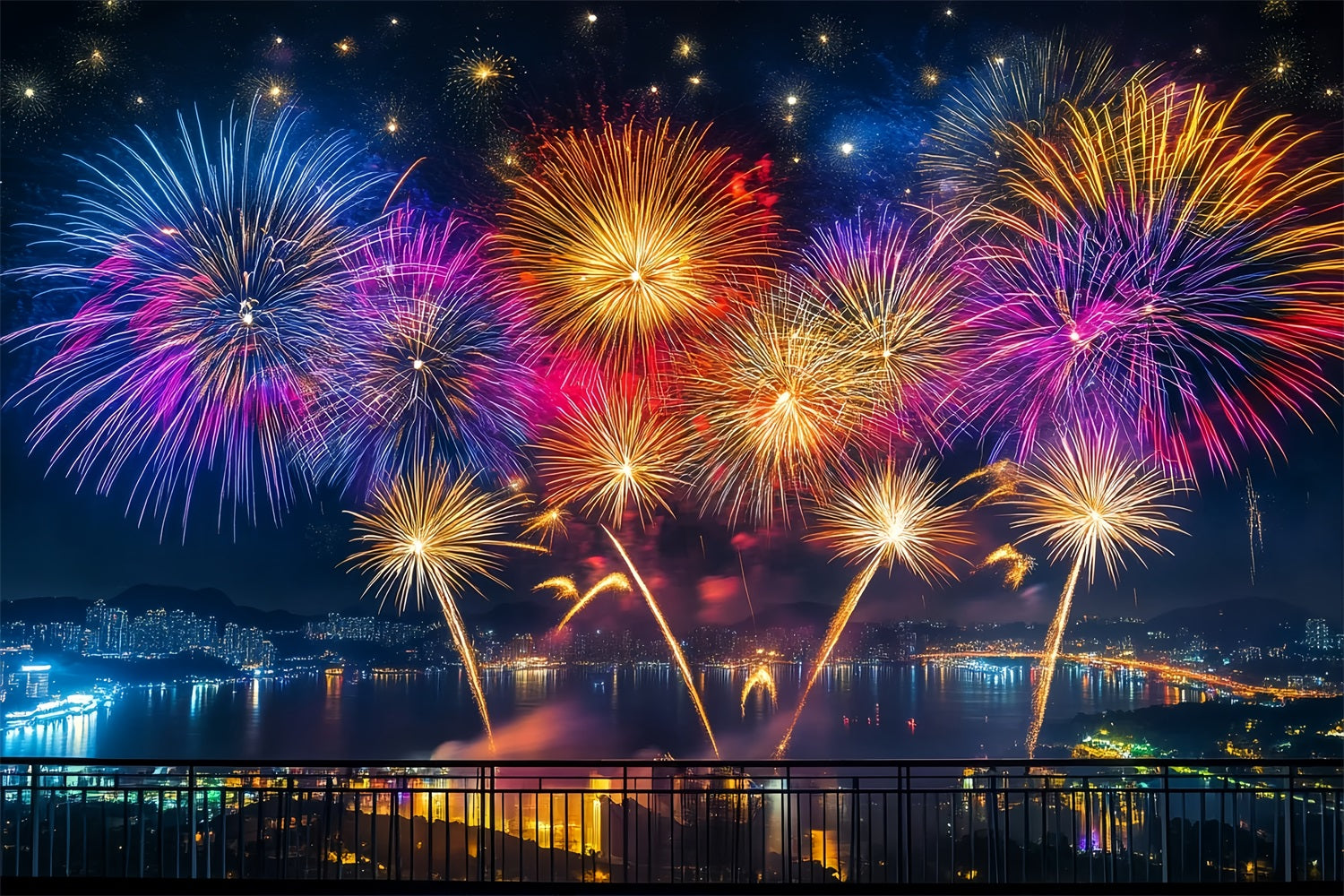 New Years Backdrop Vibrant Fireworks Harbor Panorama City Night Backdrop LXX512-11