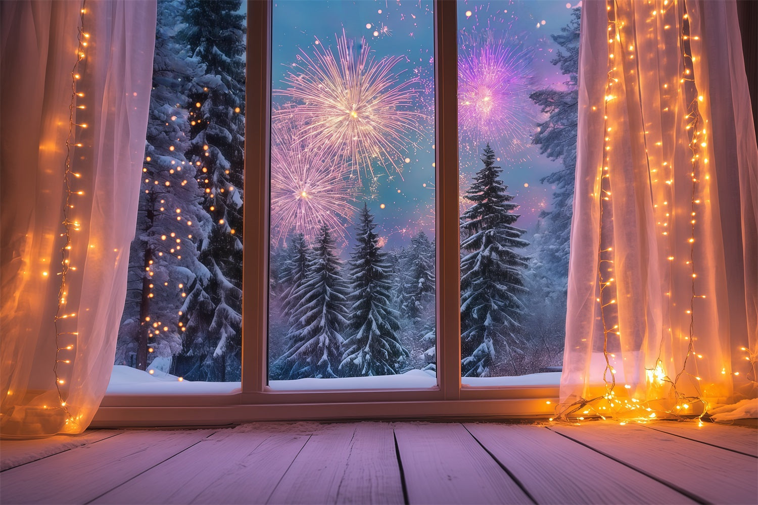 New Year Backdrop Cozy Winter Window Fireworks New Year's Eve Backdrop LXX512-12