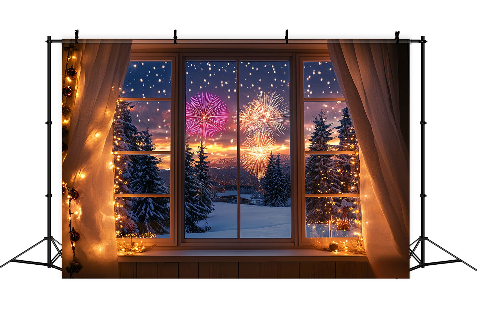 New Years Photo Backdrop Winter Snowy Window Forest Firework Backdrop LXX512-13