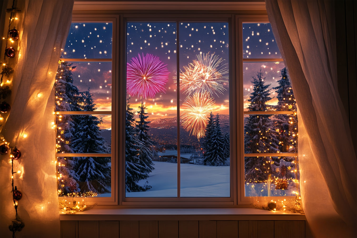 New Years Photo Backdrop Winter Snowy Window Forest Firework Backdrop LXX512-13