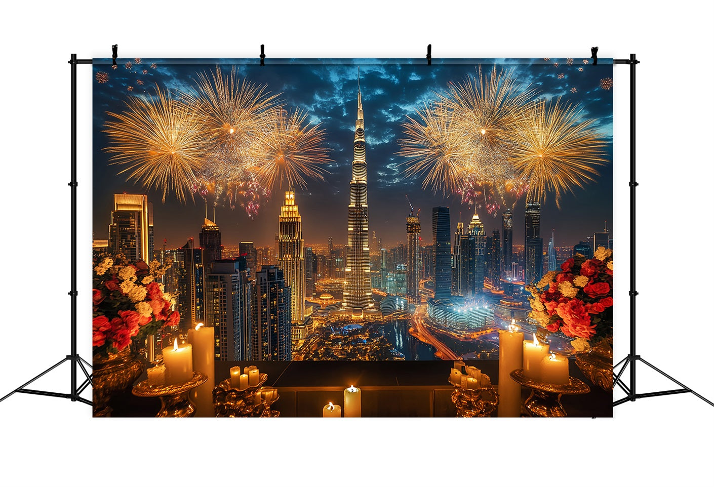 Happy New Year Backdrop Luxury City Skyline Fireworks City Night Backdrop LXX512-14
