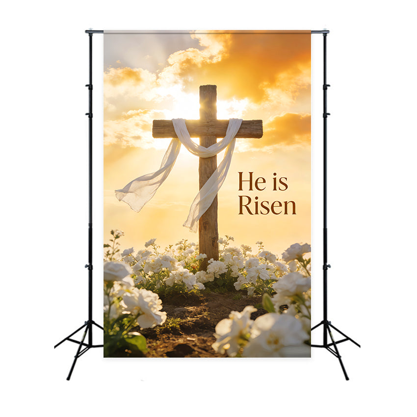 He is Risen Backdrop Sunlit Cross Lily Meadow Church Easter Backdrop LXX512-140
