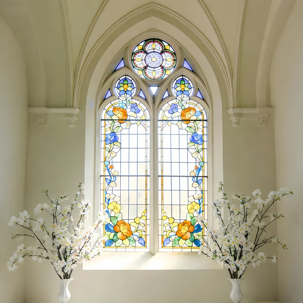 Stained Glass Backdrop Cathedral Daisies Arch Window Church Easter Backdrop LXX512-141