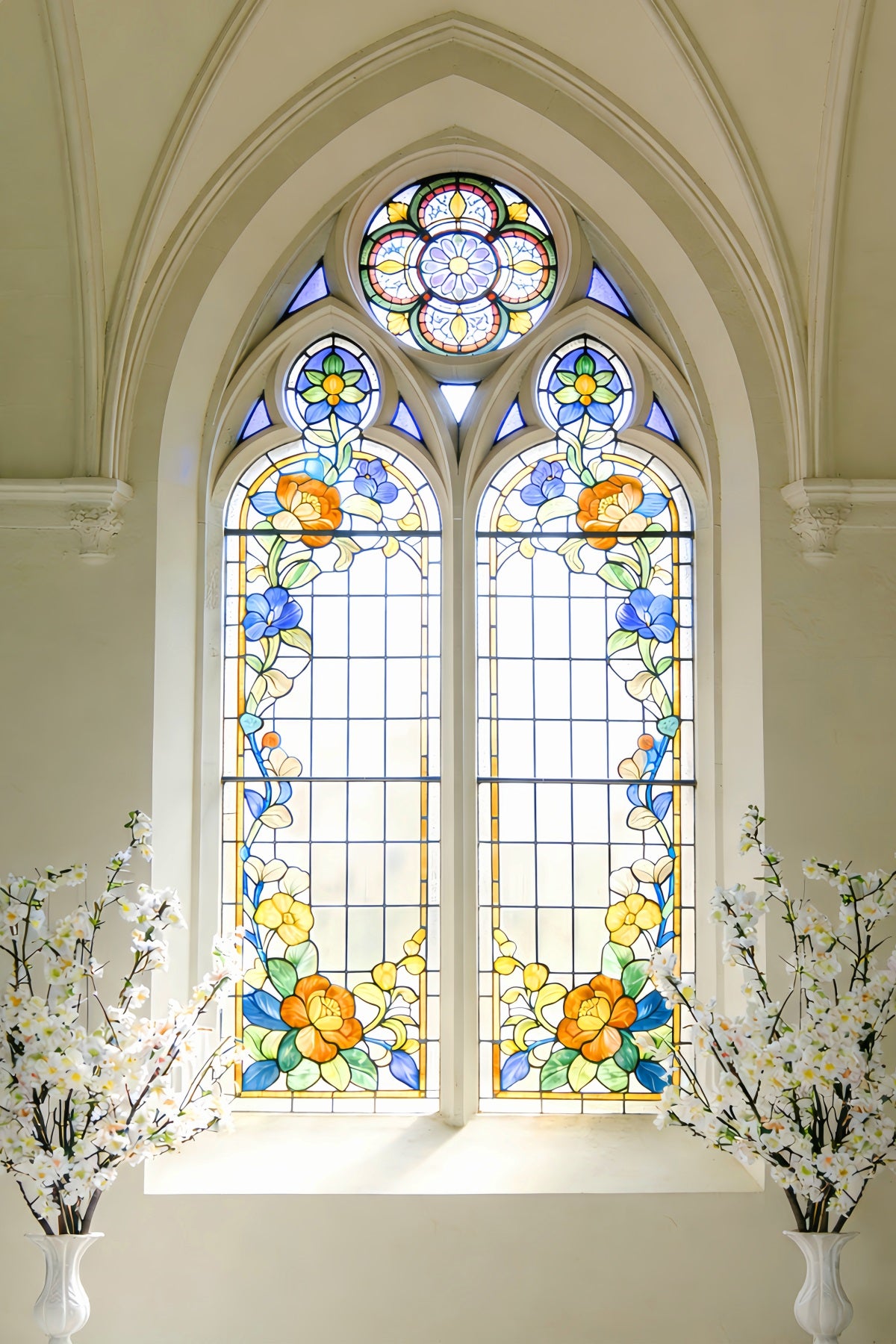 Stained Glass Backdrop Cathedral Daisies Arch Window Church Easter Backdrop LXX512-141