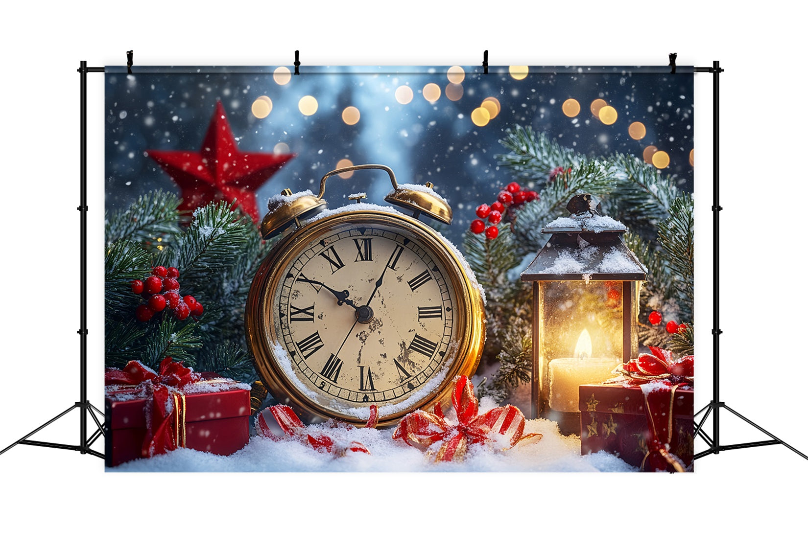 New Year's Backdrops Snowy Countdown Shimmer Bokeh Clock Photo Backdrop LXX512-15