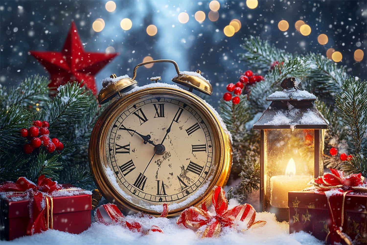New Year's Backdrops Snowy Countdown Shimmer Bokeh Clock Photo Backdrop LXX512-15