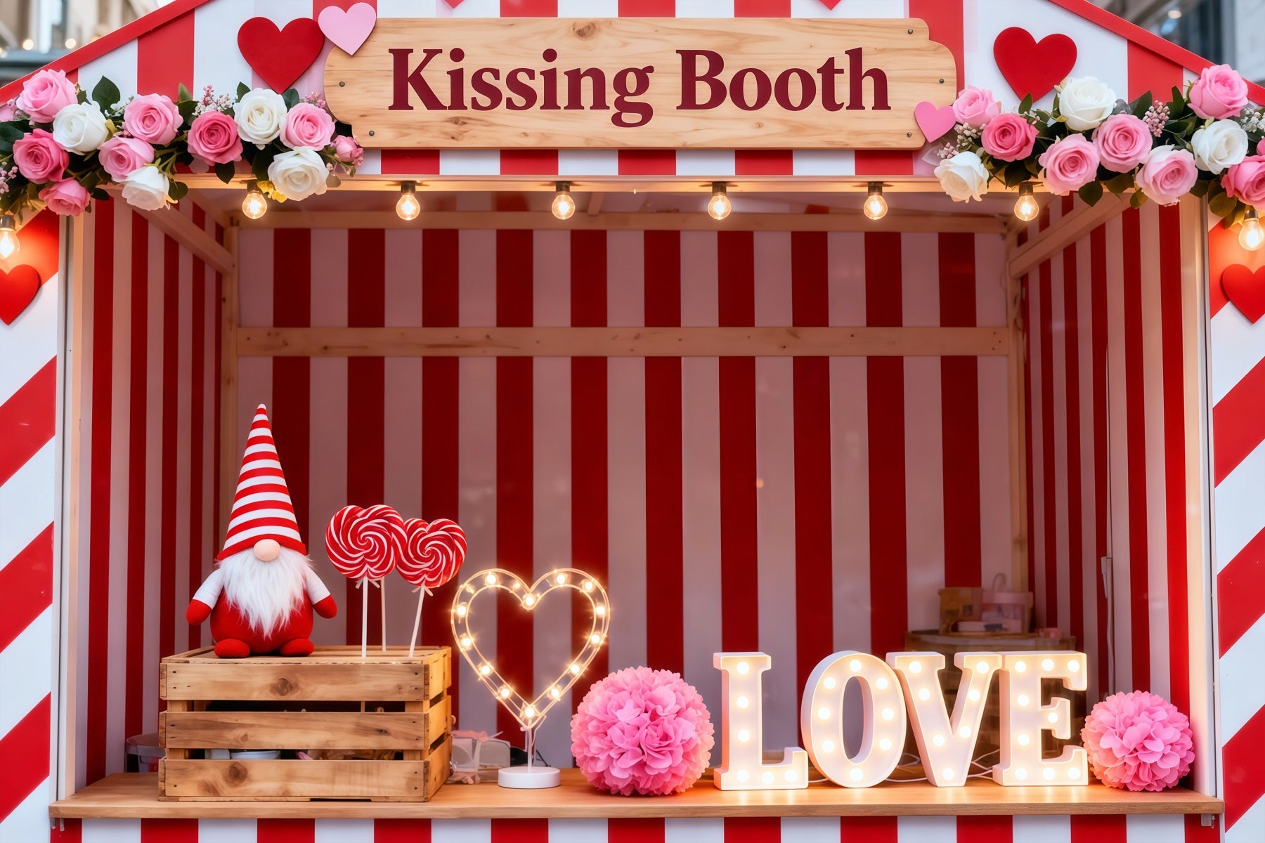 Valentine's Day Backdrop Candy Stripe Kissing Booth Love Love Backdrop LXX512-157