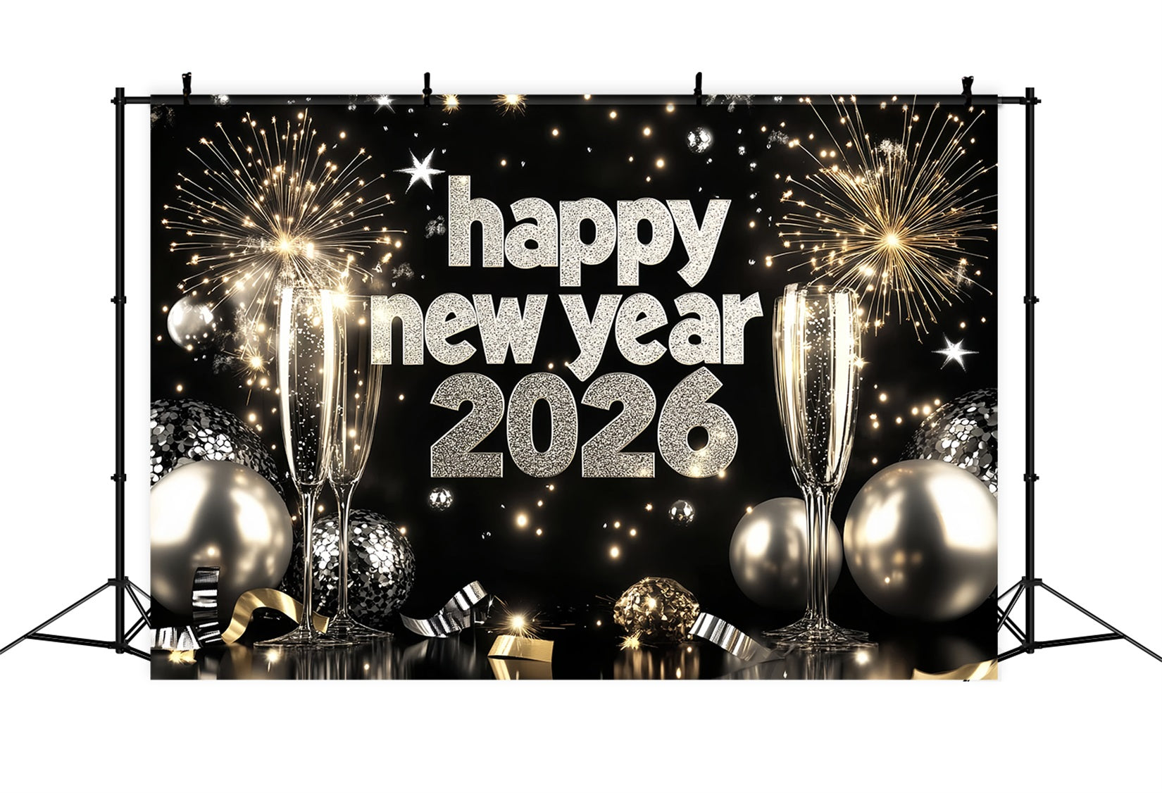 2026 New Year Backdrop Silver Champagne Firework Happy New Year Backdrop LXX512-19