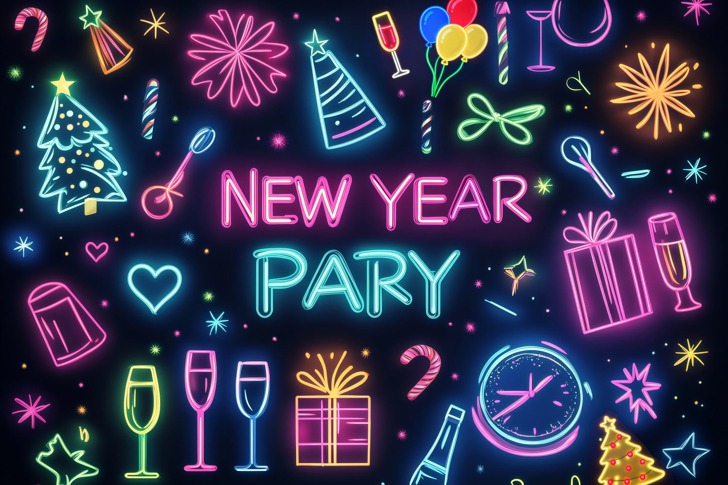New Year Backdrop Colorful Party Icons Celebration Neon Light Backdrop LXX512-2