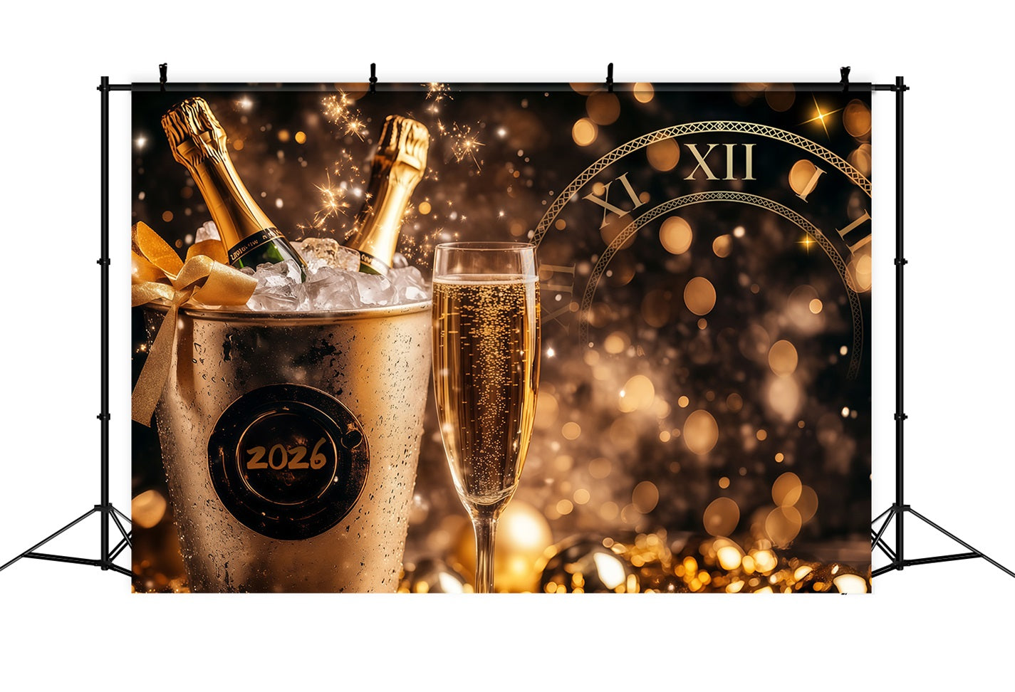 New Years Photo Backdrop Gold Sparkle Countdown Champagne Bottle Backdrop LXX512-3