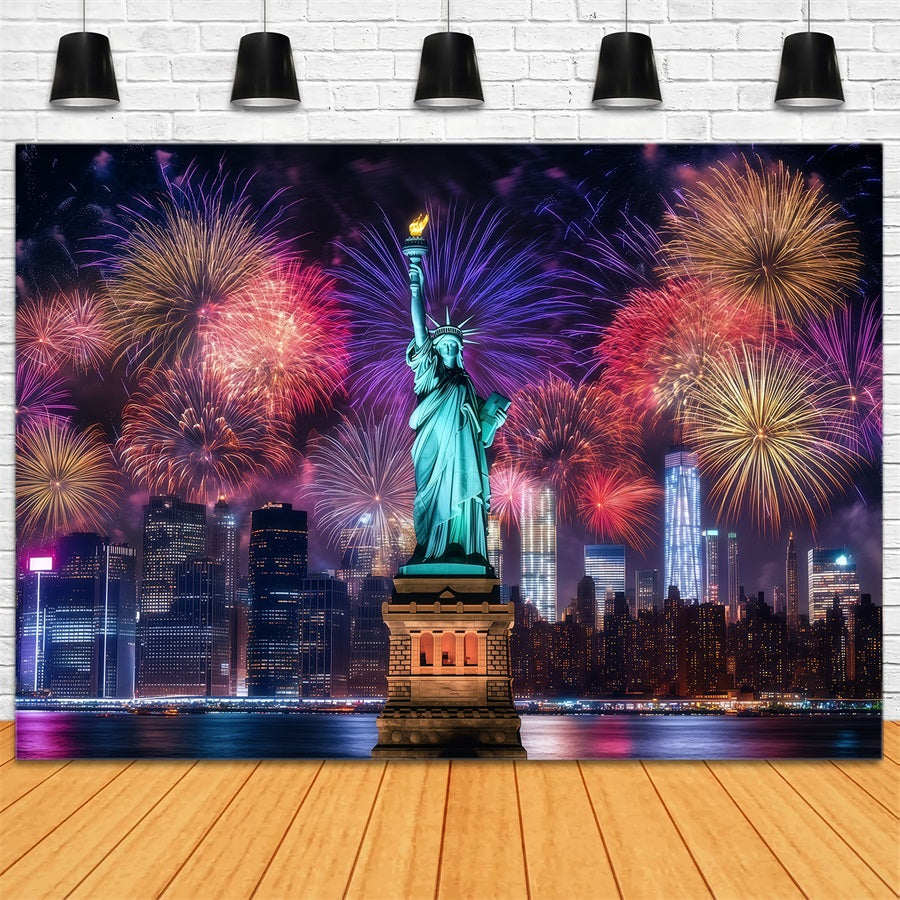 Happy New Year Backdrop Statue Liberty Night Cityscape Fireworks Backdrop LXX512-4