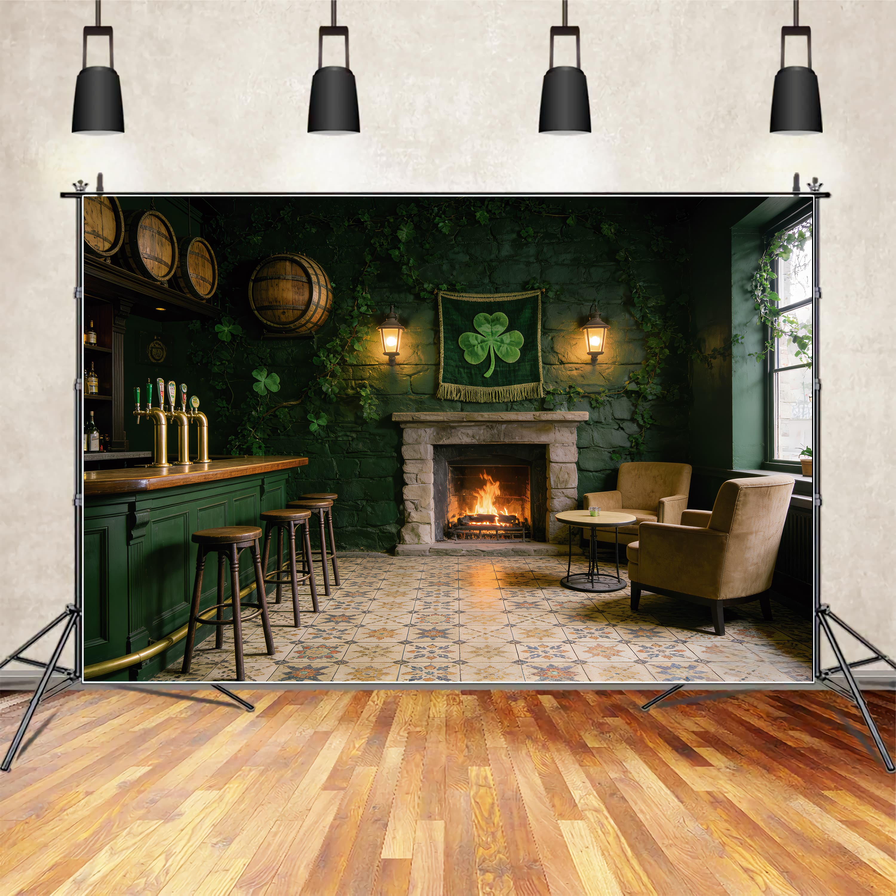 St Patrick's Day Backdrop Irish Pub Fireplace Interior St Patrick Backdrop LXX512-43