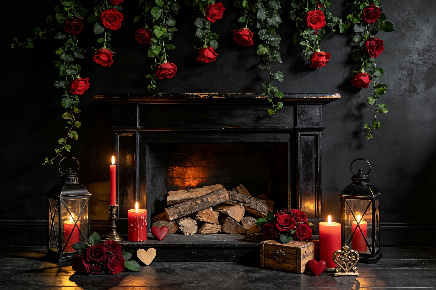 Valentine's Day Backdrop Red Roses Candle Room Fireplace Valentine Backdrop LXX512-48