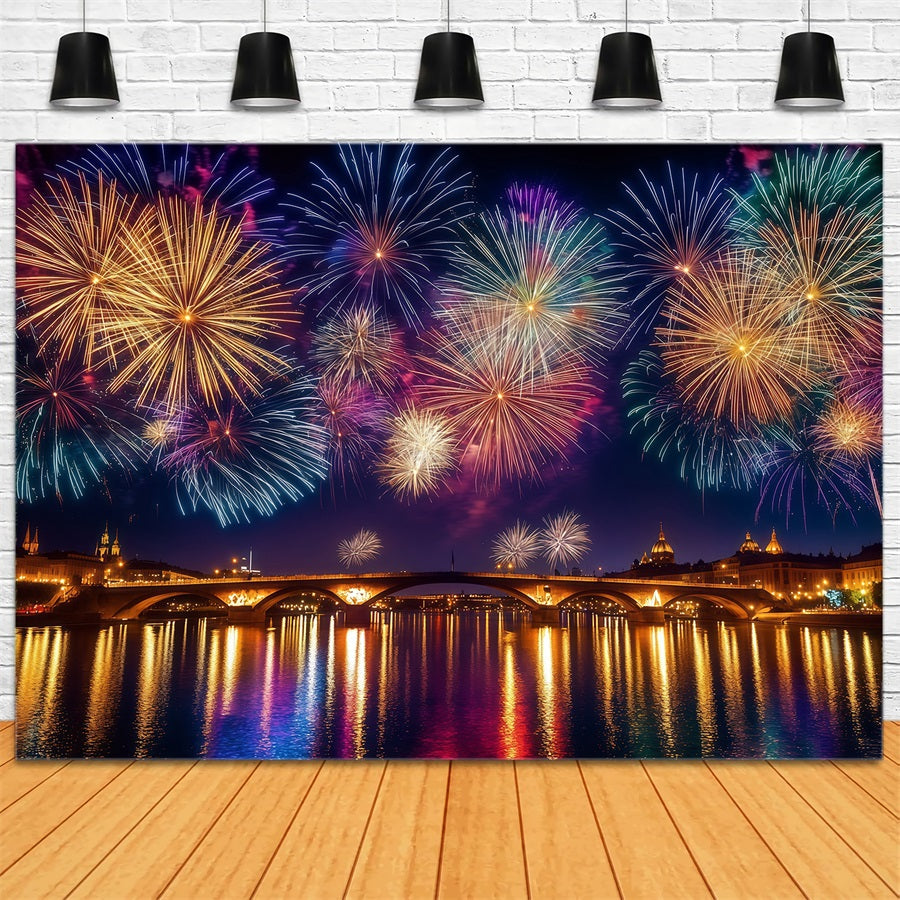 New Years Backdrops City Night River Reflection Fireworks Photo Backdrop LXX512-6