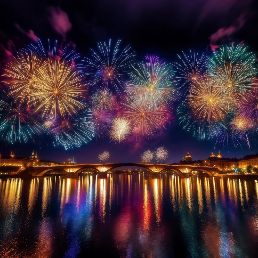 New Years Backdrops City Night River Reflection Fireworks Photo Backdrop LXX512-6
