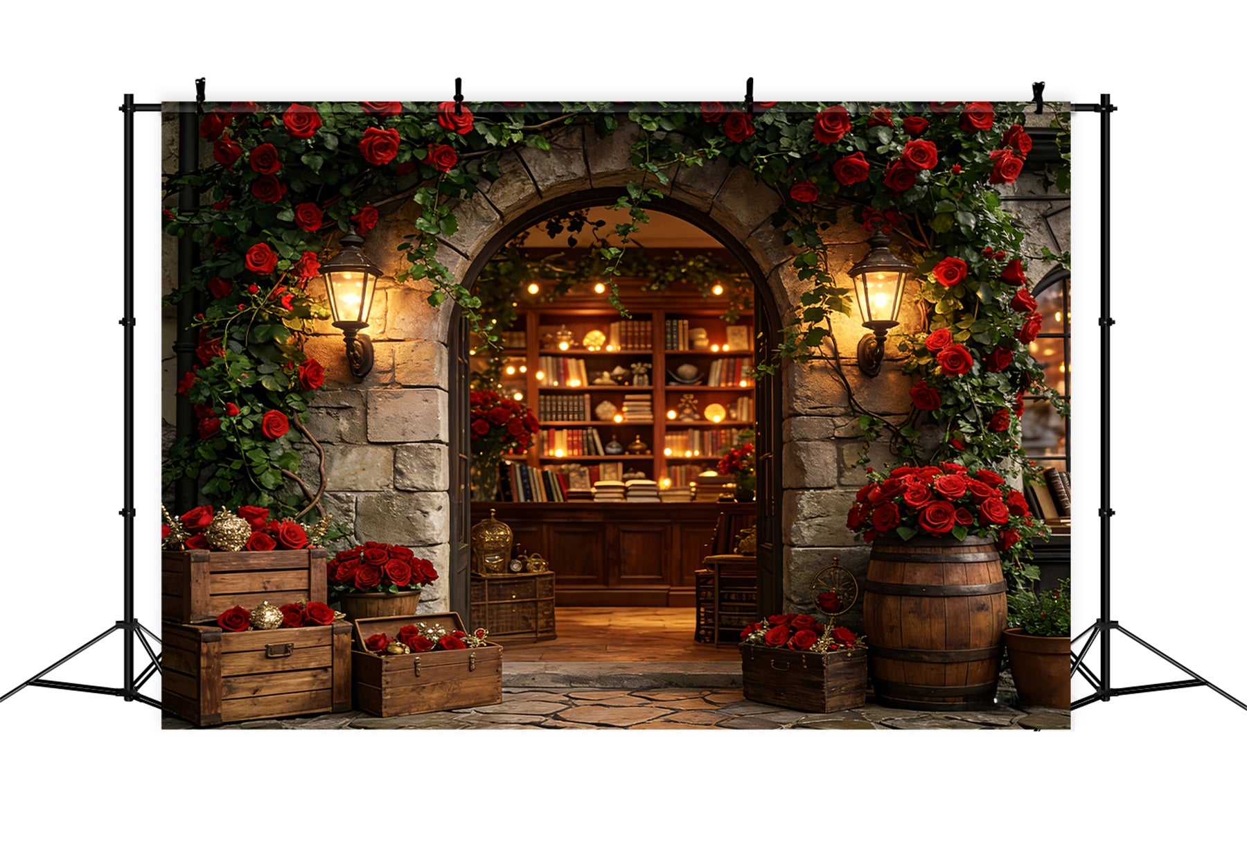 Floral Arch Valentine Backdrop Vintage Rose Library Entrance Love Backdrops LXX512-66