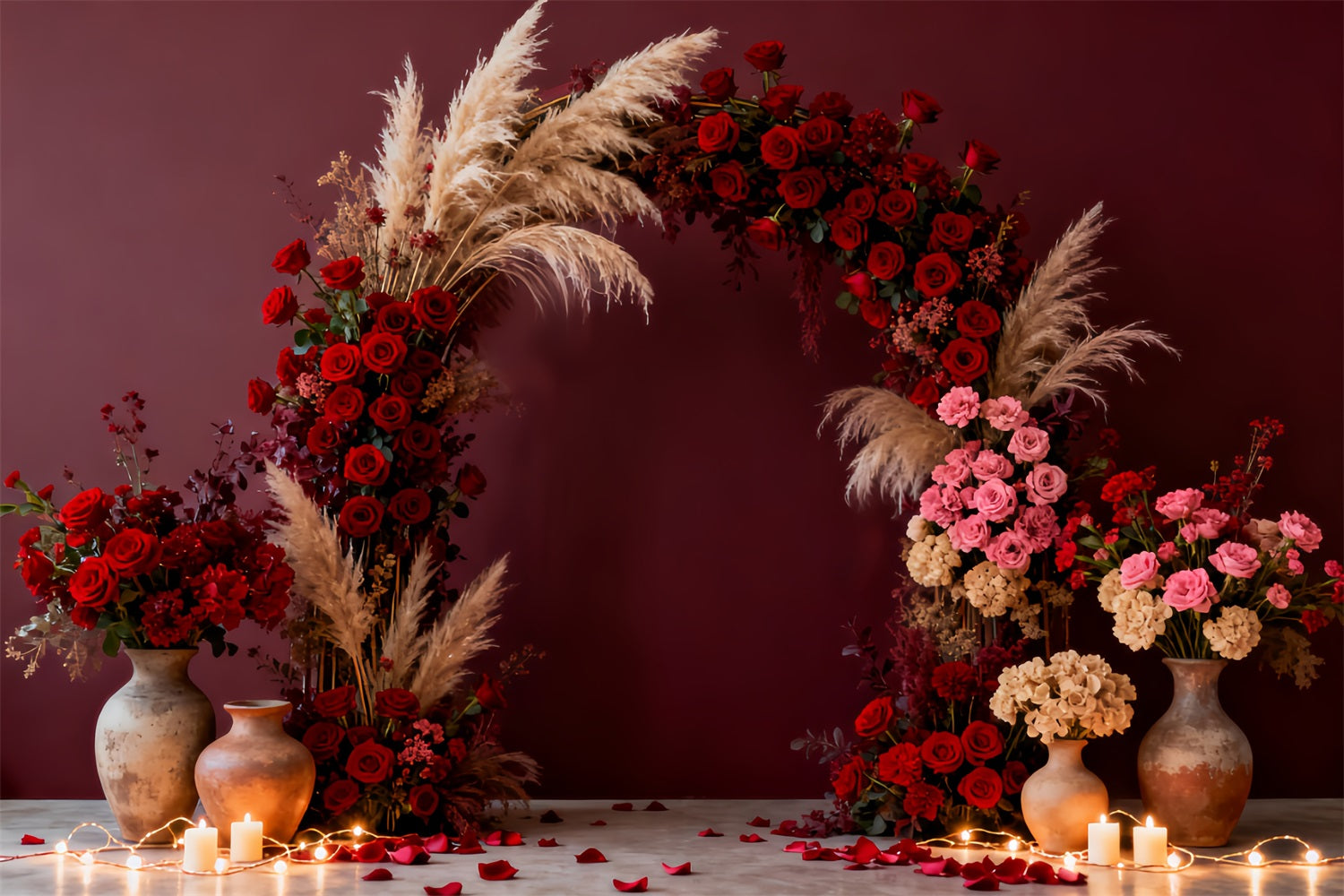 Boho Floral Valentine Backdrop Romantic Candlelight Room Red Rose Backdrop LXX512-69