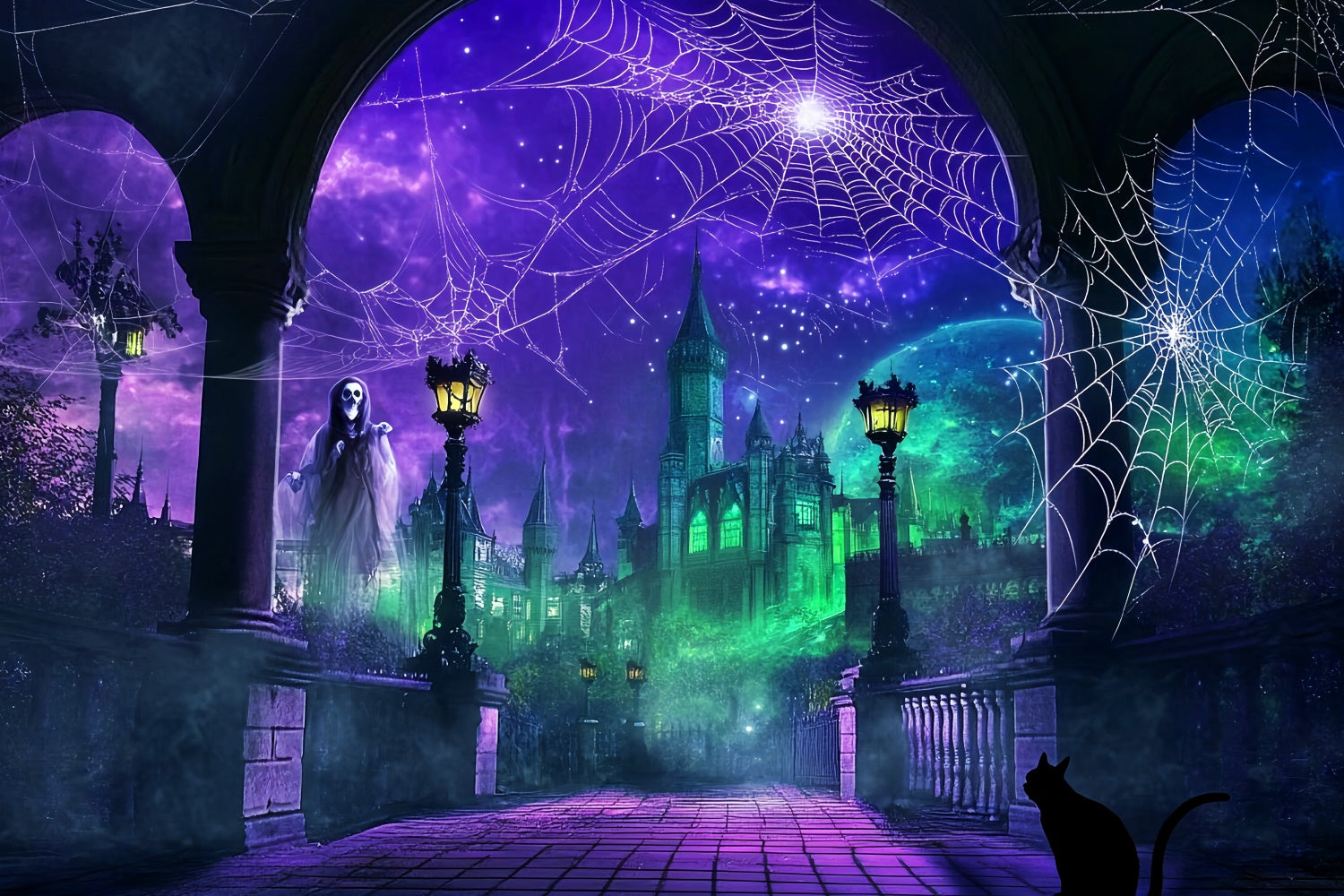 Halloween Photo Backdrop Enchanted Web Castle Backdrop LXX57-100