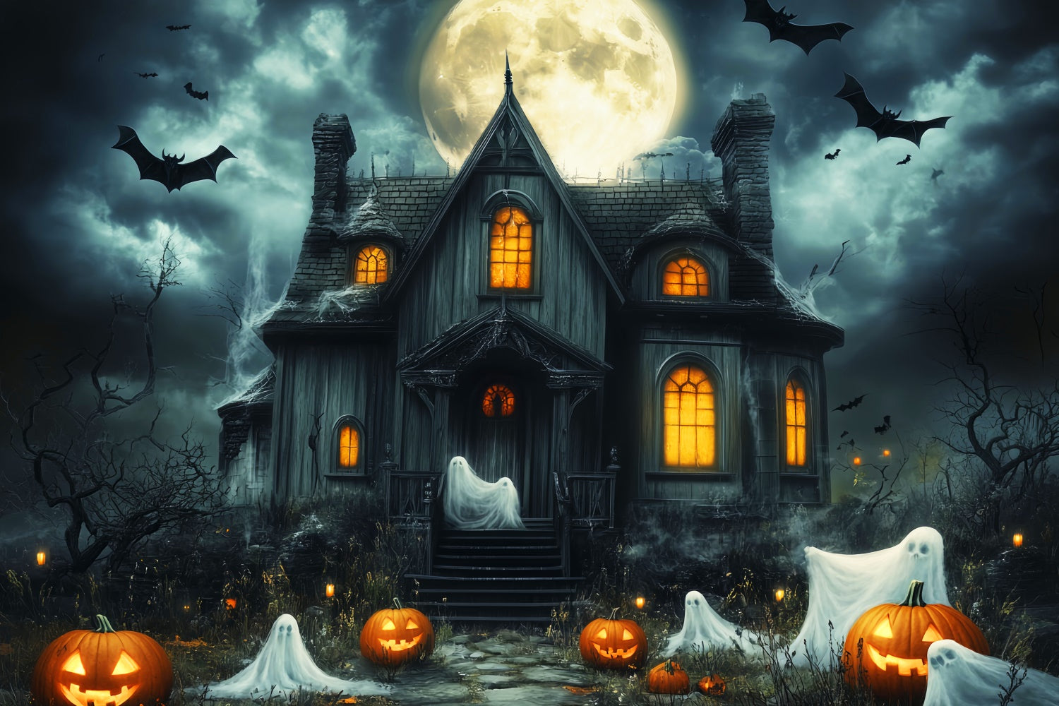 Haunted House Backdrop Moon Ghost Parade Halloween Backdrop LXX57-104