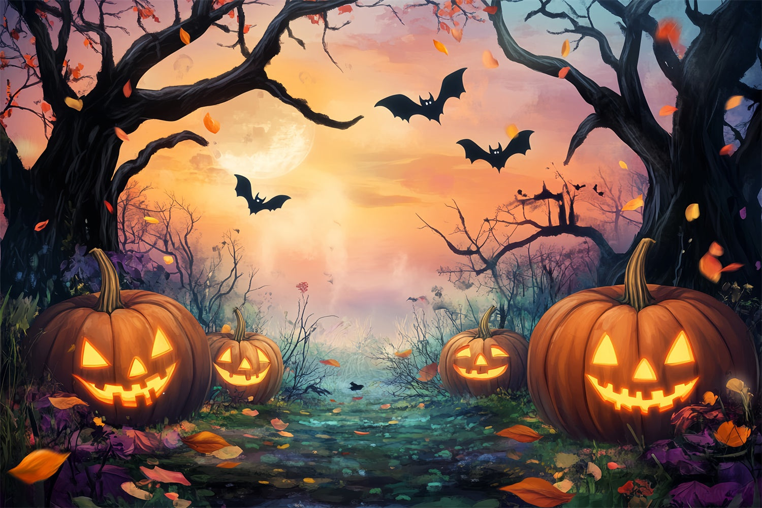 Halloween Forest Backdrop Moonlit Pumpkin Path Backdrop LXX57-143
