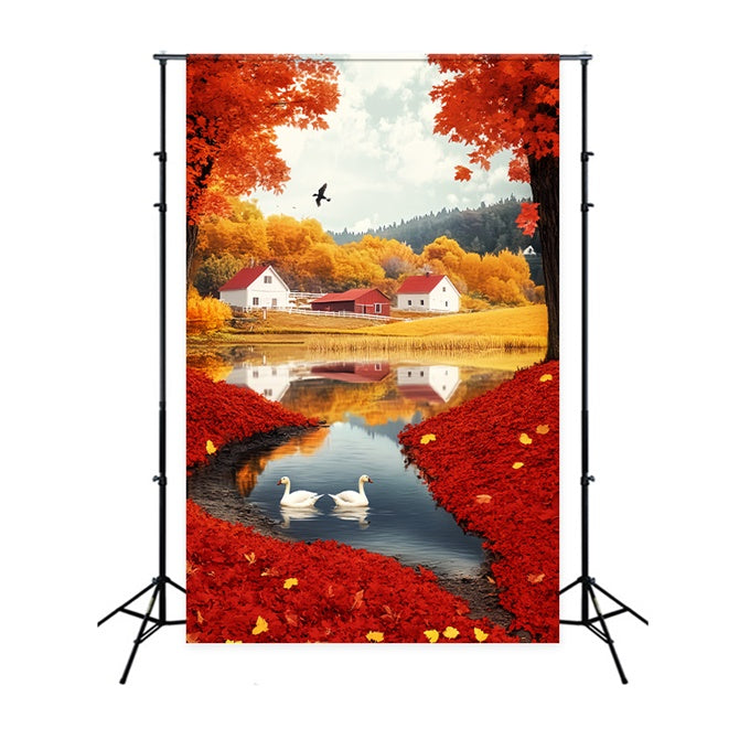 Autumn Backdrop Scarlet Leaf Lakeside Village Backdrop LXX57-180