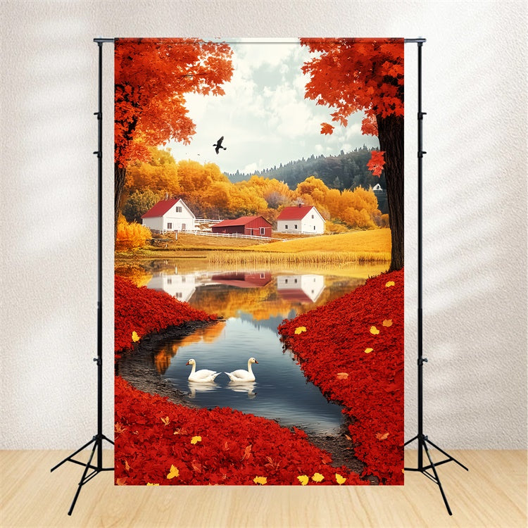 Autumn Backdrop Scarlet Leaf Lakeside Village Backdrop LXX57-180