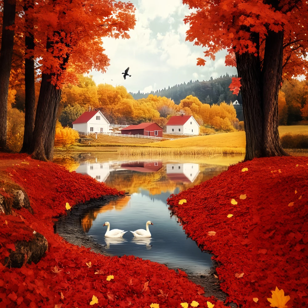 Autumn Backdrop Scarlet Leaf Lakeside Village Backdrop LXX57-180