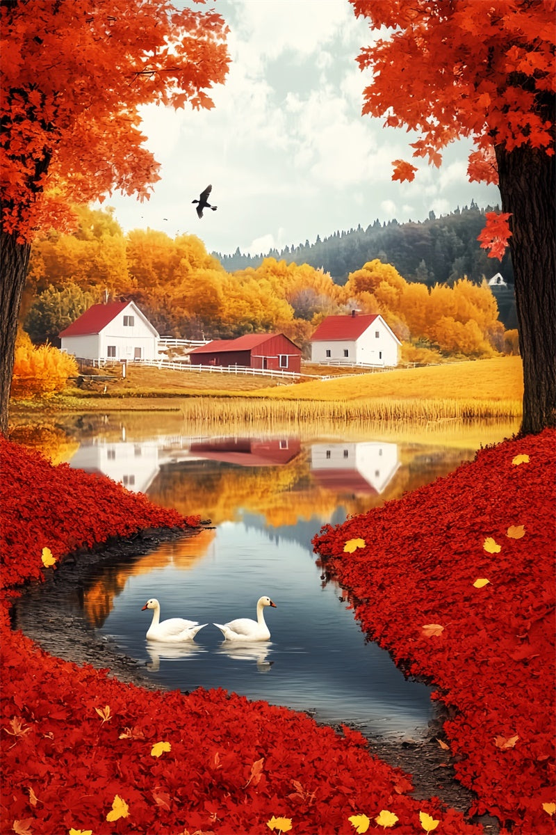 Autumn Backdrop Scarlet Leaf Lakeside Village Backdrop LXX57-180