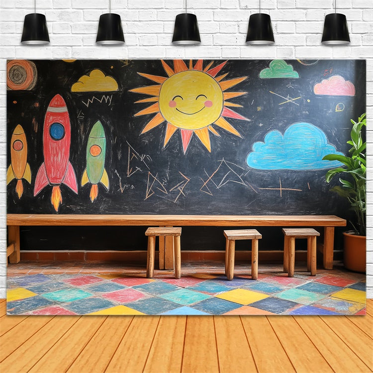 Chalkboard Backdrop Crayon Sky Rocket Fun Backdrop LXX57-20