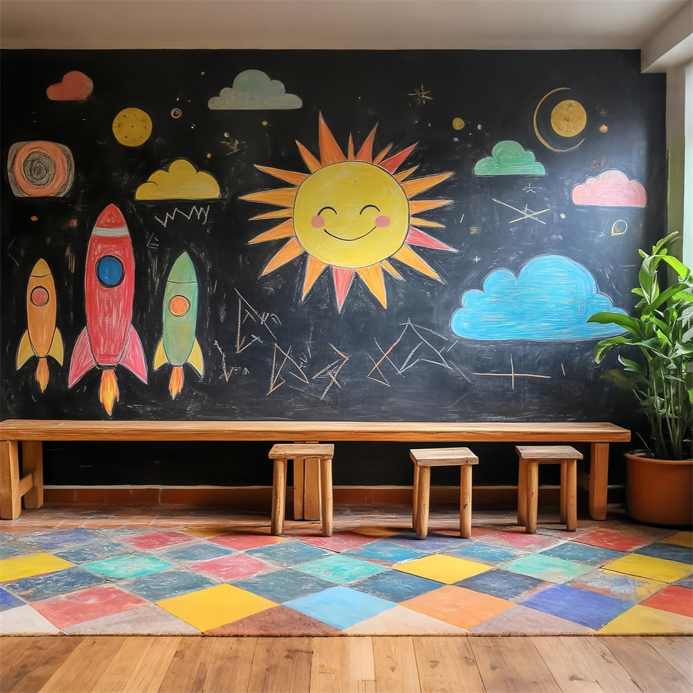 Chalkboard Backdrop Crayon Sky Rocket Fun Backdrop LXX57-20
