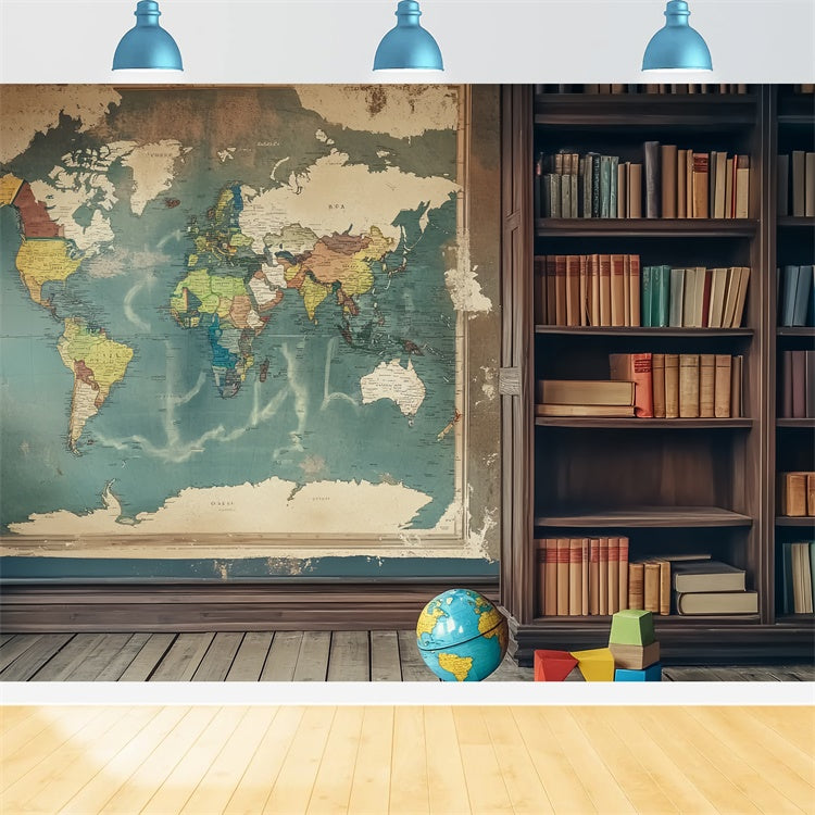 Back To School Backdrop Vintage Map Study Room Backdrop LXX57-24