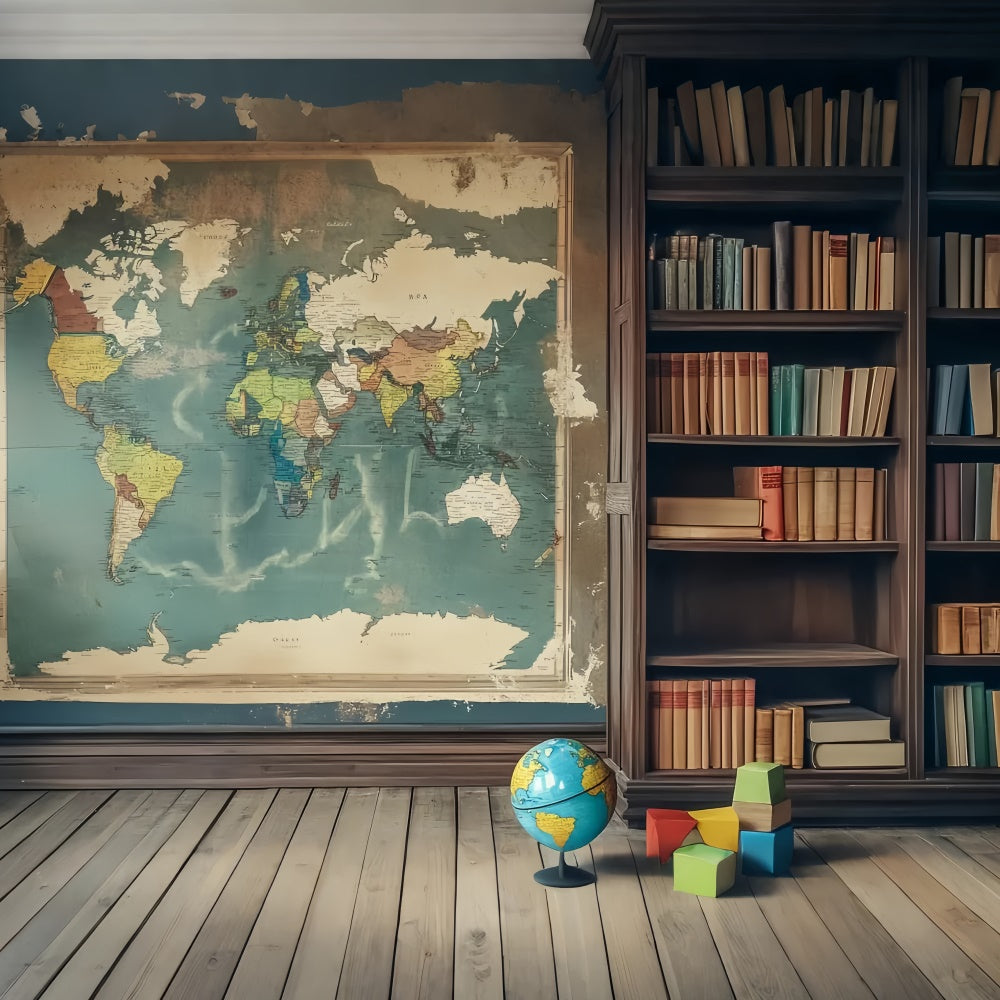 Back To School Backdrop Vintage Map Study Room Backdrop LXX57-24