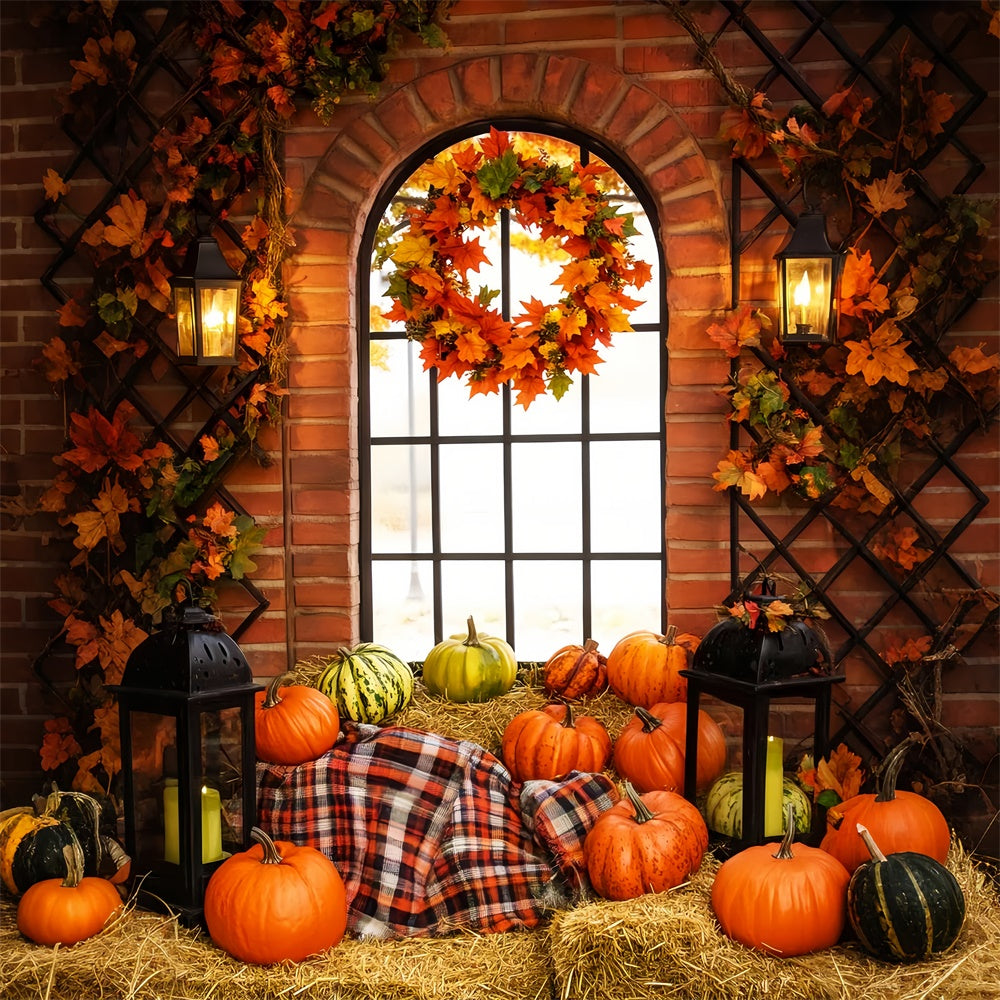 Thanksgiving Photo Backdrops Lantern Wreath Cozy Backdrop LXX57-356