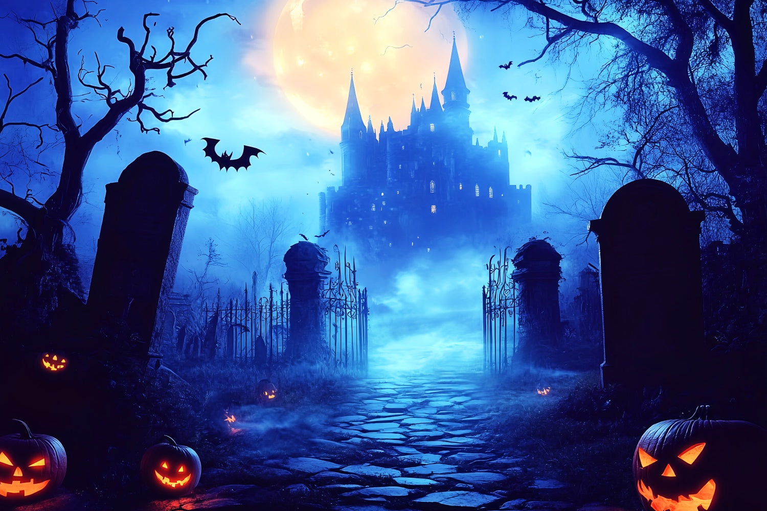 Halloween Moon Backdrop Moonlit Castle Graveyard Backdrop LXX57-99