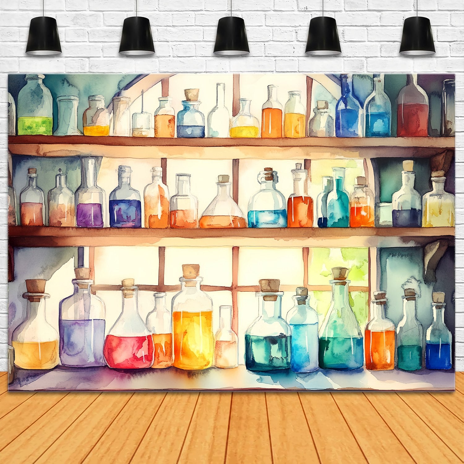 Chemistry Backdrop Watercolor Potion Bottles Wooden Shelves School Picture Backdrop LXX58-104