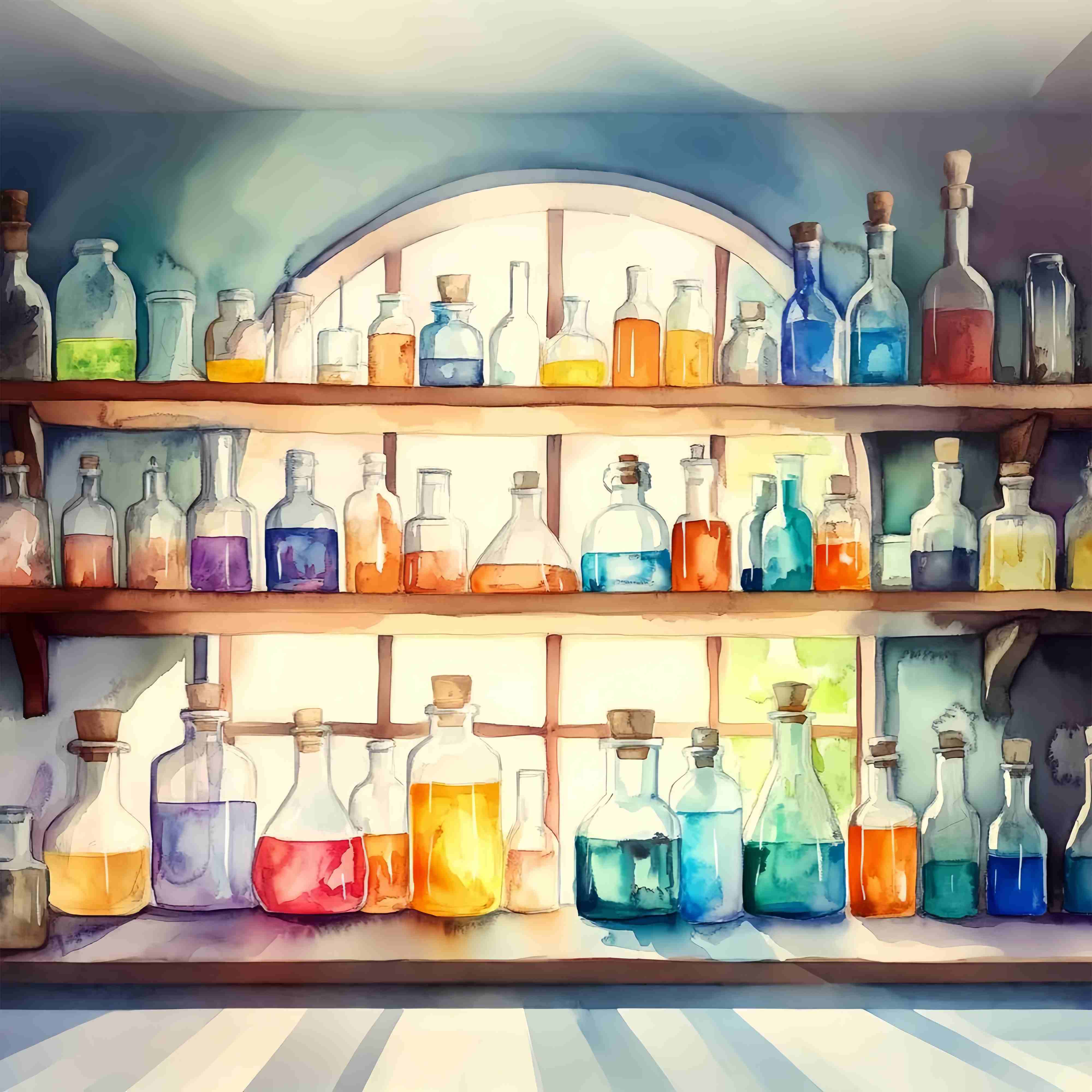 Chemistry Backdrop Watercolor Potion Bottles Wooden Shelves School Picture Backdrop LXX58-104