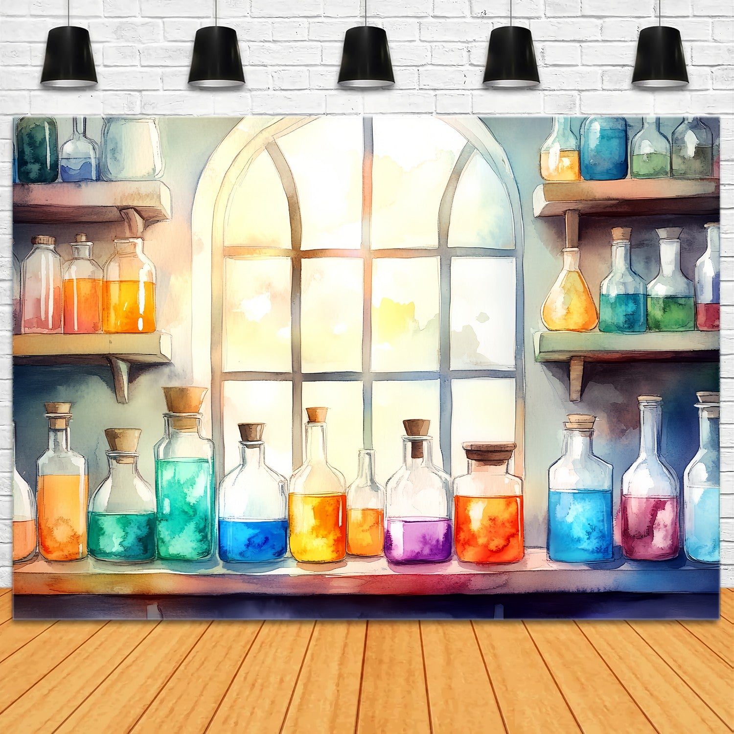 Chemistry Backdrop Sunlit Window Vibrant Potion Bottles Back To School Backdrops LXX58-105
