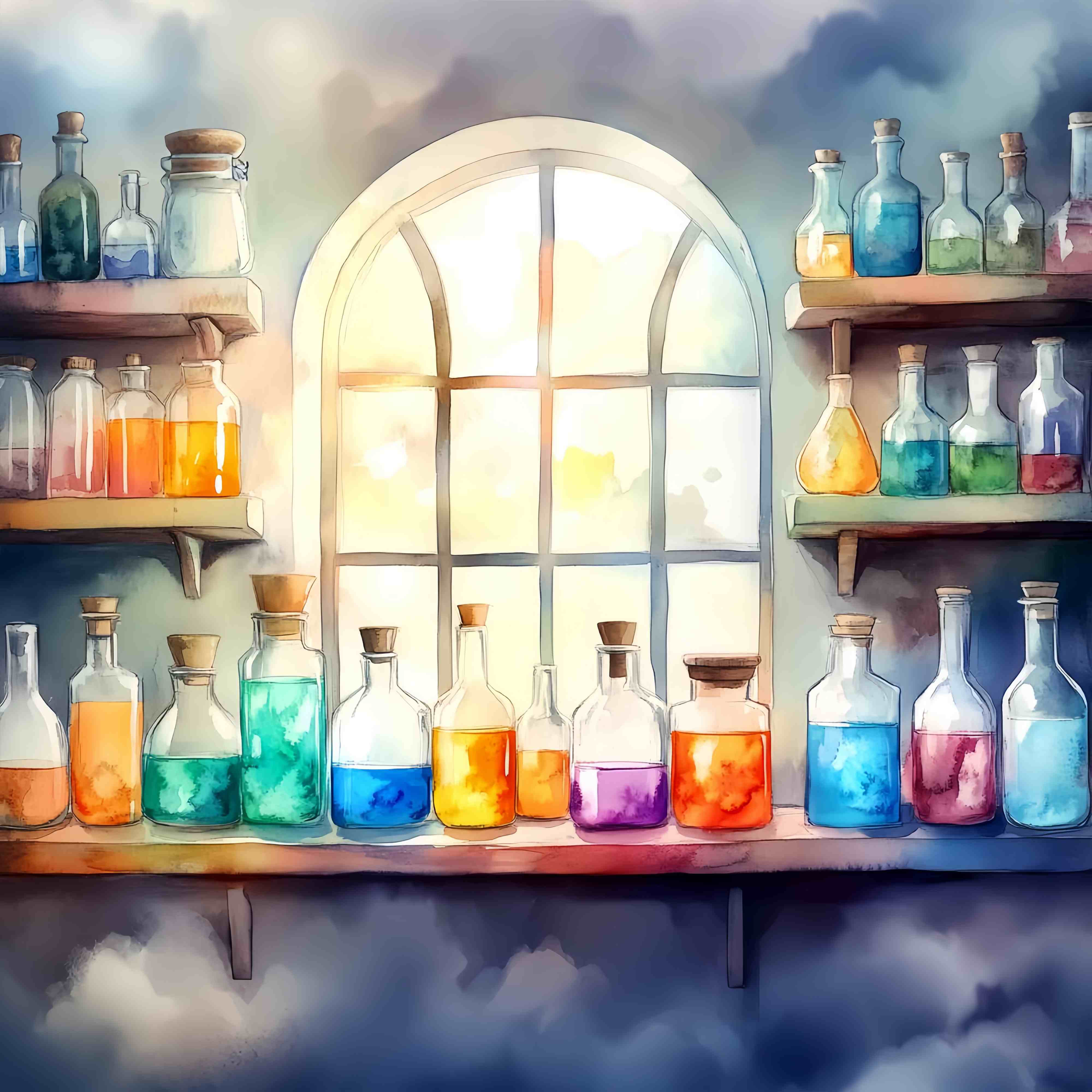Chemistry Backdrop Sunlit Window Vibrant Potion Bottles Back To School Backdrops LXX58-105