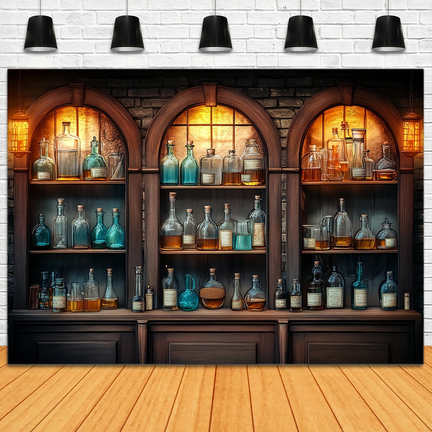 Chemistry Backdrop Vintage Wooden Cabinet Glass Bottles Back To School Backdrop LXX58-106